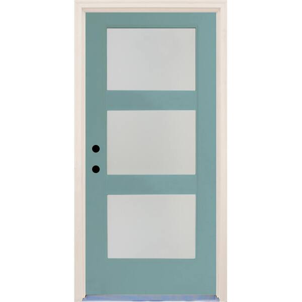 Builders Choice 36 in.x80 in.Elite Surf Etch Glass Contemporary RightHand 3Lite Satin Painted Fiberglass Prehung FrontDoor w/ Brickmould