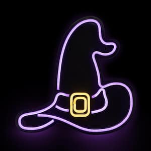 15 in. Purple LED Lighted Neon Style Witch Hat Halloween Window Silhouette