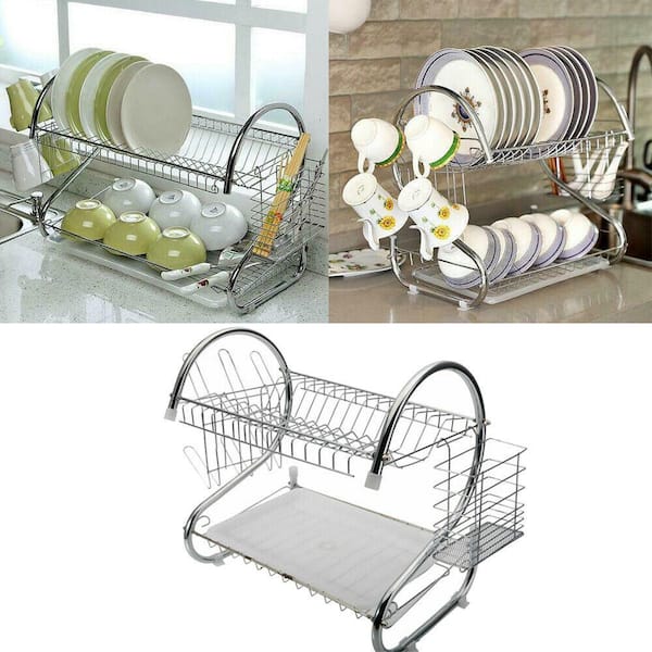 JASIWAY 17.51 in. Silver Stainless Steel 2-Tier Dish Rack Standing Drying Rack with Utensil Holder, Cup Holder