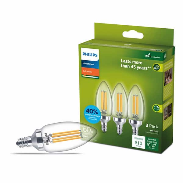 60-Watt Equivalent B11 Ultra Efficient Clear LED Light Bulb 2700K 3-Pack