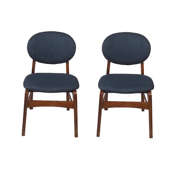 Unbranded Lily Dark Blue Rubber Wood Fabric Dining Chair with Brown Leg (Set of 2)