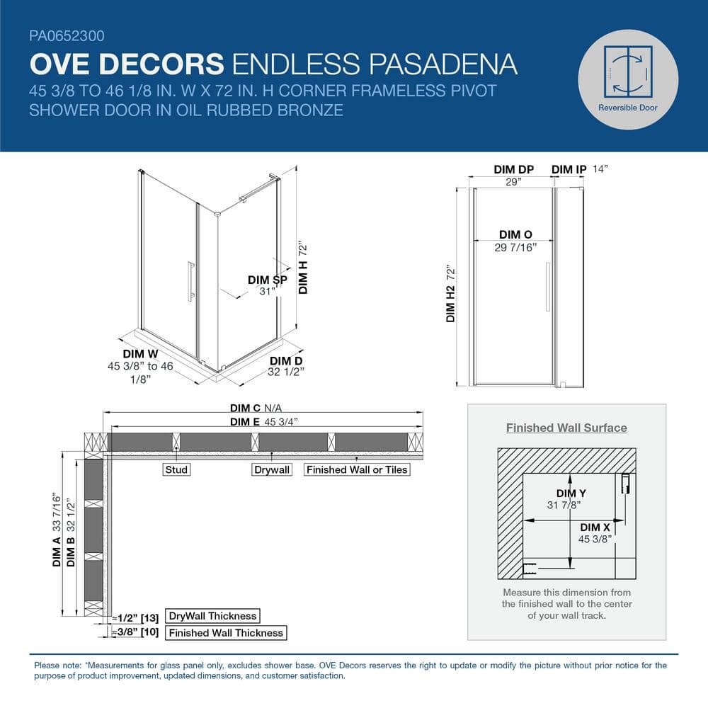 Pasadena 46" x 72" Oil Rubbed Bronze Frameless Corner Shower Kit