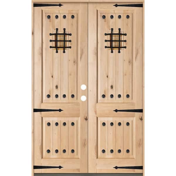 60 in. x 96 in. Mediterranean Knotty Alder Square Top Unfinished Left-Hand Inswing Wood Double Prehung Front Door