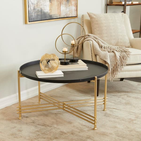 Litton Lane 33 in. Black Medium Round Metal Coffee Table with Gold X Shaped Base