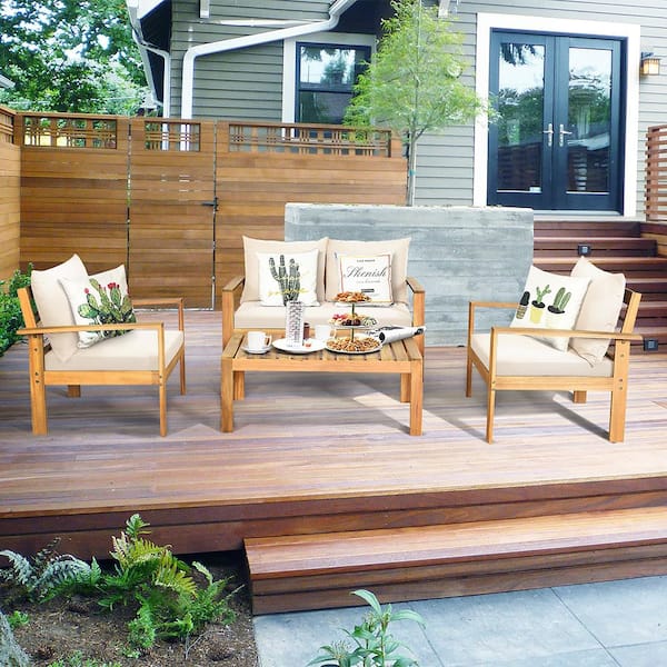 Brown 4-Pieces Wood Outdoor Sectional Set with White Cushions