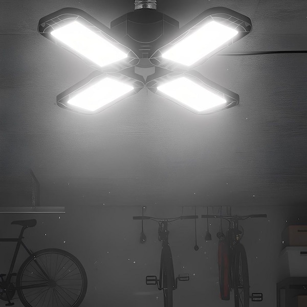 80-Watt Black Deformable LED Adjustable Garage Light Semi-Flush Mount Lighting, 4-Leaf 6000K Daylight White (2-Pack)