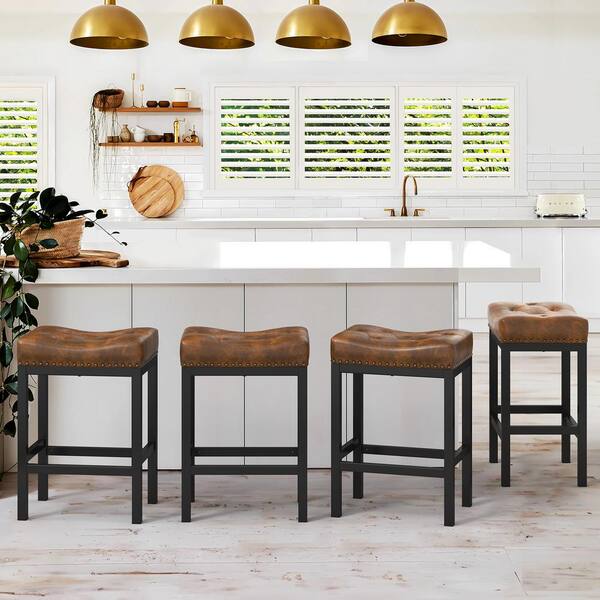 LUE BONA 24 in. Yellow Brown Cushioned Backless Faux Leather Saddle Bar stools with Black Metal Frame (Set of 4)
