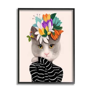 Bold Floral Design Grey Cat Striped Sweater by Ioana Horvat Framed Animal Art Print 30 in. x 24 in.