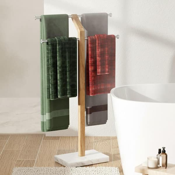 Width Adjustable 2-Tier Freestanding Towel Rack with Natural Marble Base in Brushed Stainless Steel