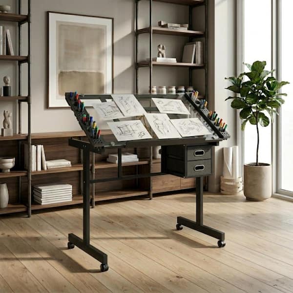 Brevon 40.55 in. Rectangle Clear Glass Top Black Metal Frame 2-Drawers Adjustable Drafting Table Writing Desk