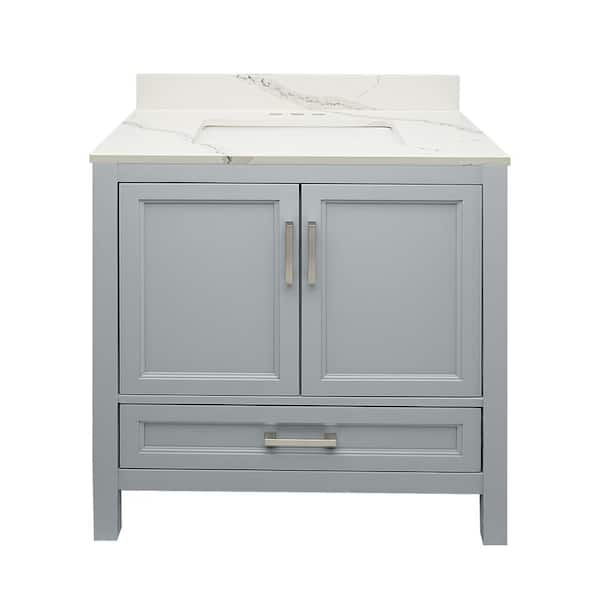 Ella Nevado 37 in. W x 22 in. D x 36 in. H Bath Vanity in Gray with Quartz Stone Calacatta White Top with White Basin