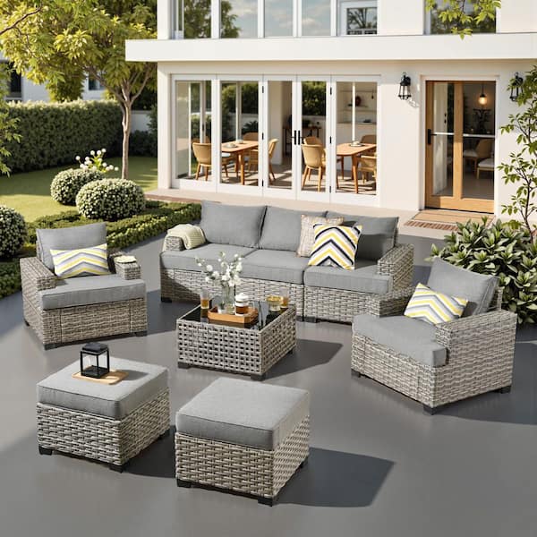 Silvae Gray 8-Piece Wicker Outdoor Sectional Patio Conversation Sets with Single Chair & Dark Gray Cushion and Ottoman