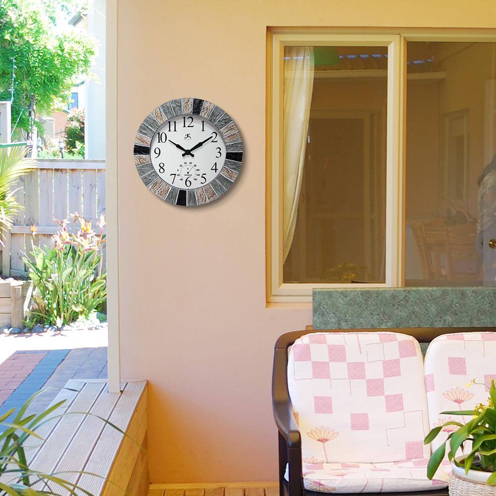 13" Faux Slate Frame Indoor/Outdoor Wall Clock with Thermometer