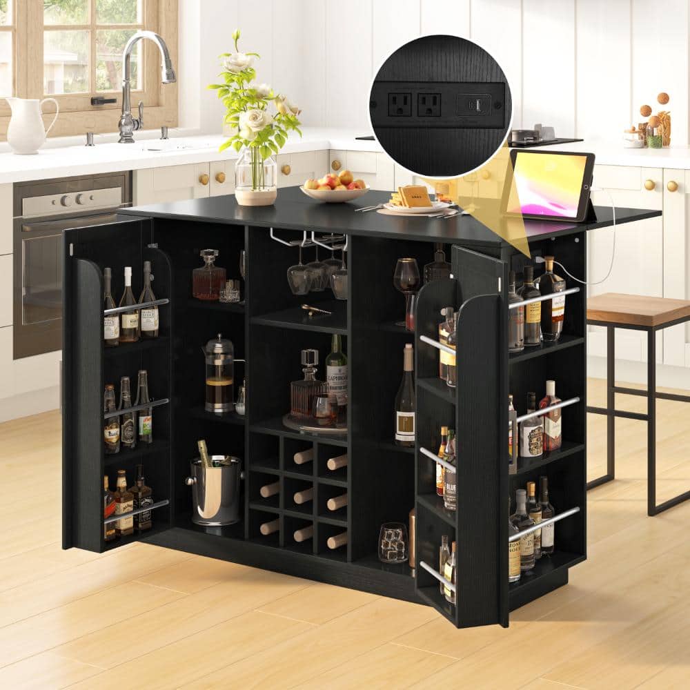 Black Wood 47.2 in. W Kithchen Island with Wine Rack, Power Outlet and Stainless Steel Glass Holder