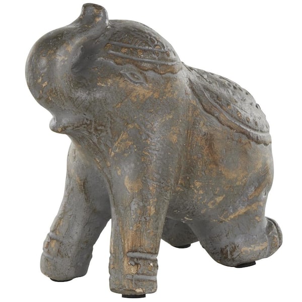 Litton Lane Dark Gray Paper Mache Handmade Distressed Carved Elephant Sculpture with Wood Inspired Accents