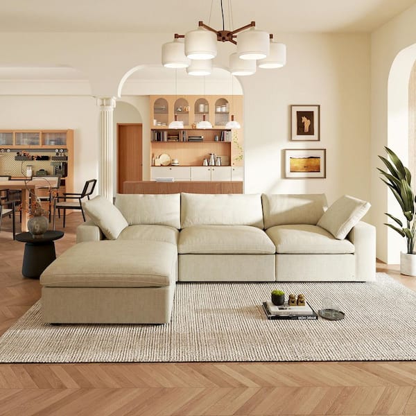 Magic Home 118 in. Square Arm 4-Piece Linen L-Shaped Sectional Sofa Rearrangeable Cloud Couch in Khaki with Ottoman