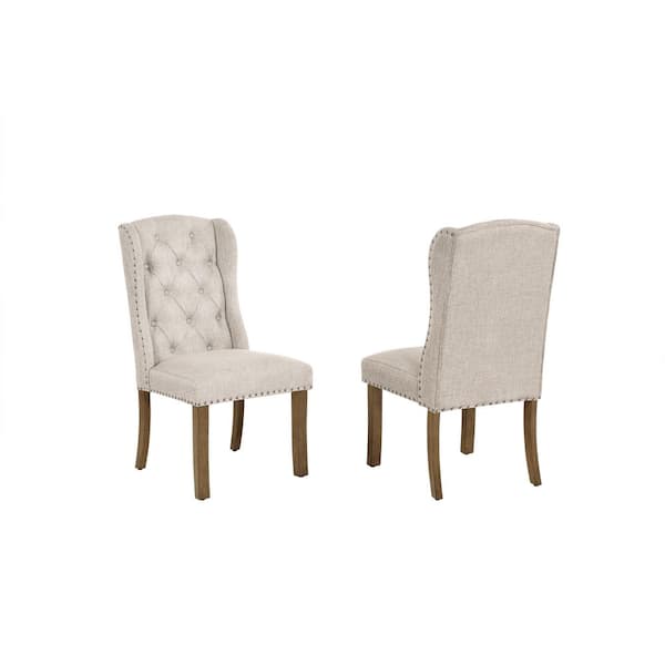 Salama Beige Linen Fabric With Brown Oak Veneer Finish Legs Wing Chairs Set of 2