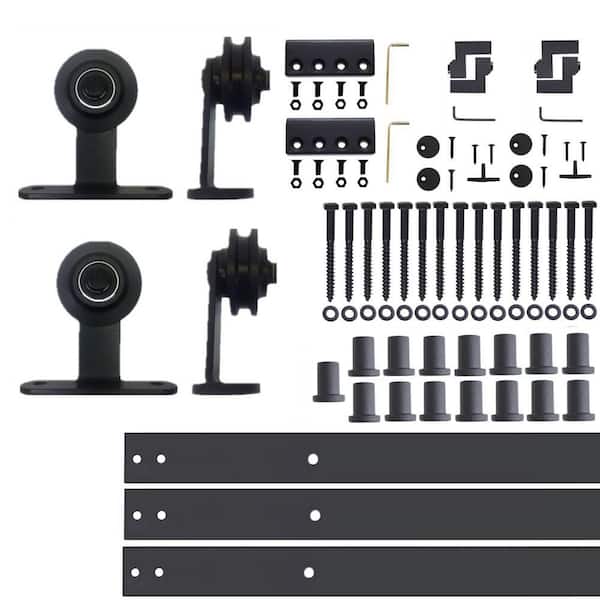 HOMACER 20 ft./240 in. Black Rustic Non-Bypass Sliding Barn Door Hardware Kit T-Shape Design Roller for Double Doors