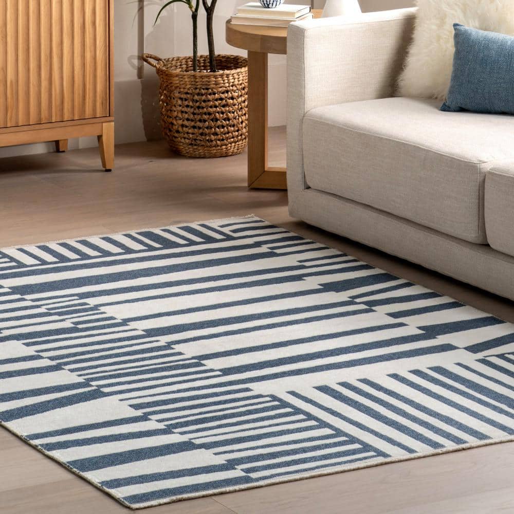 Kelcey Blue and White Abstract Rectangular Washable Rug