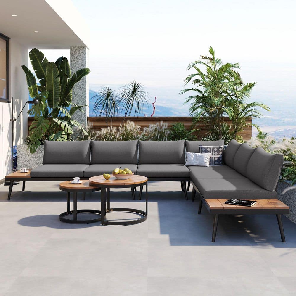 6-Piece Metal Outdoor Sectional Set with Round Nesting Coffee Tables and Gray Cushions