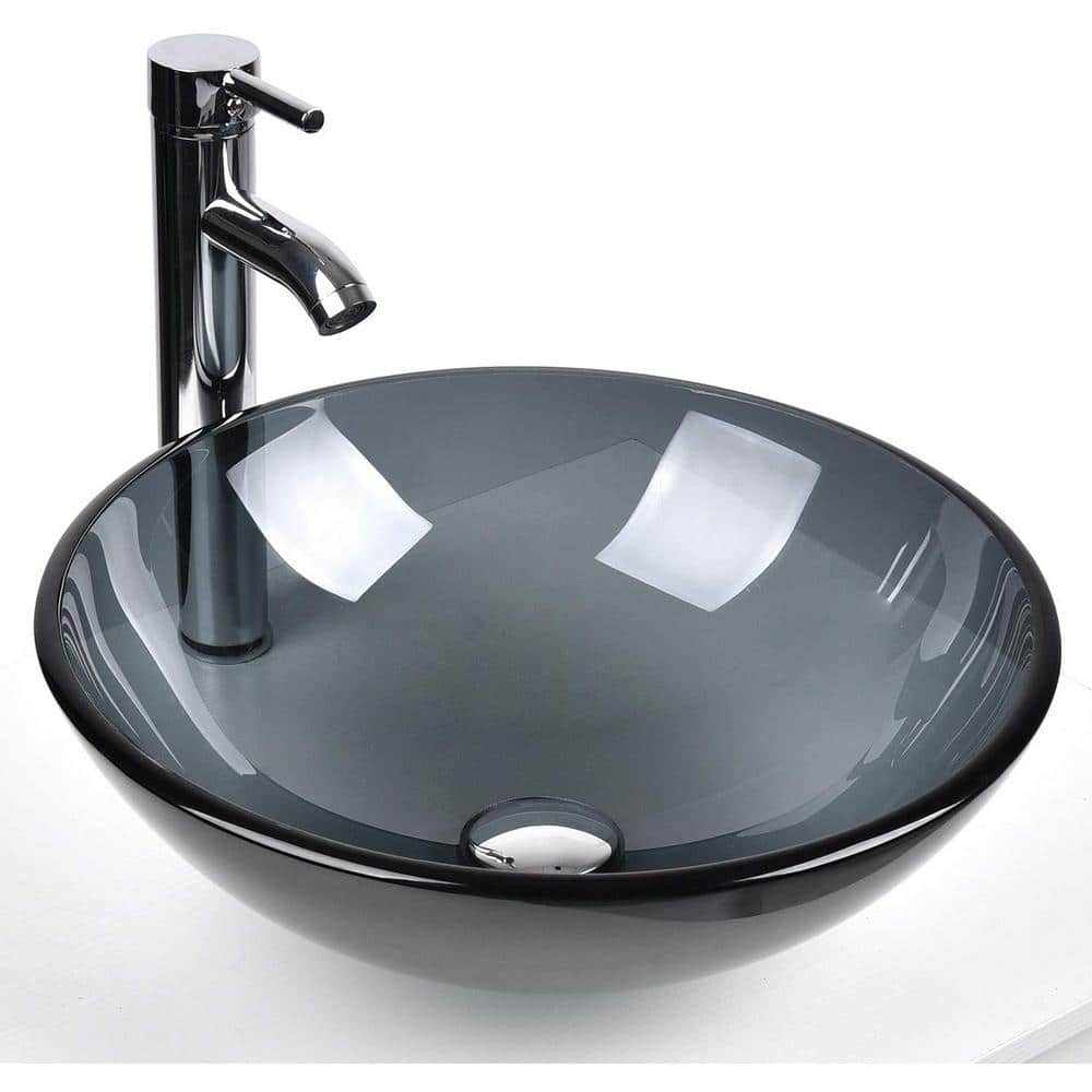 Puluomis Gray Glass Round Vessel Sink with Faucet Pop Up Drain Set ...