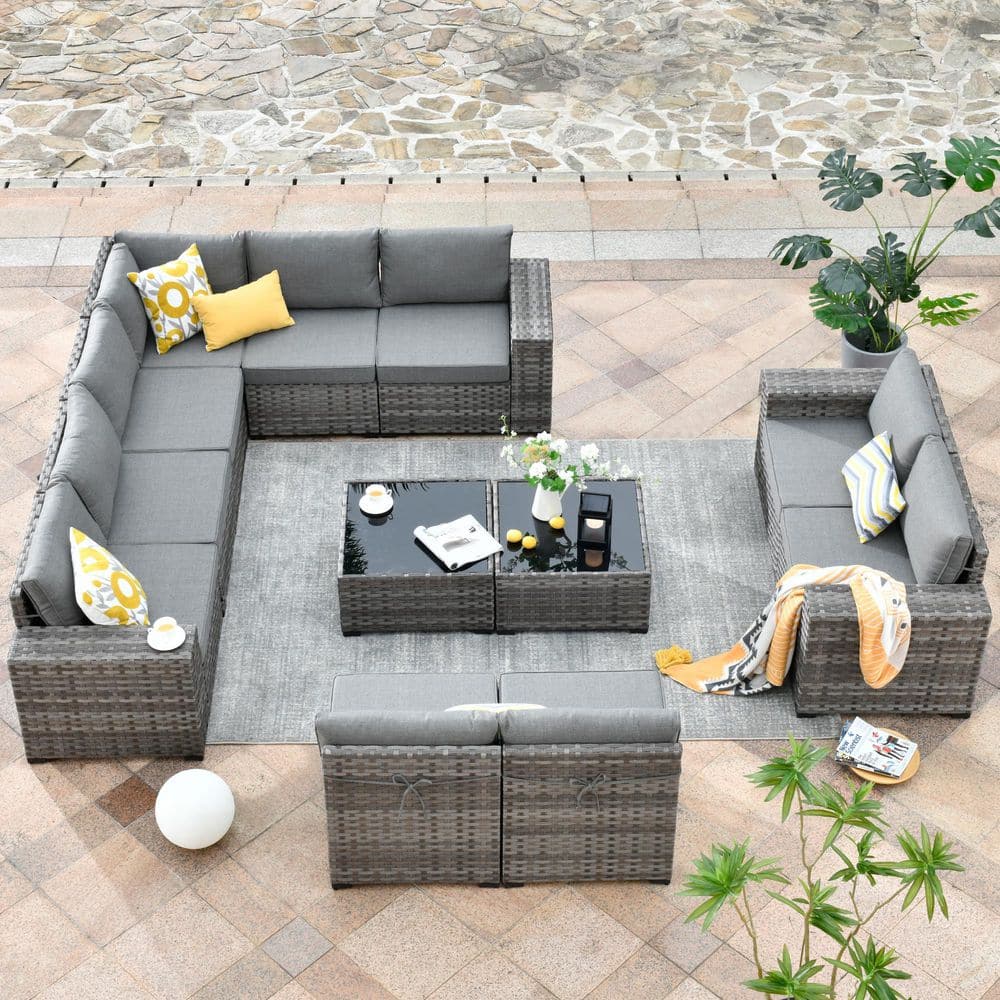 Ruby 12-Piece All-Weather Wicker Outdoor Patio Sectional Furniture Set with Tables and Dark Gray Cushions price history on PriceWatchPro