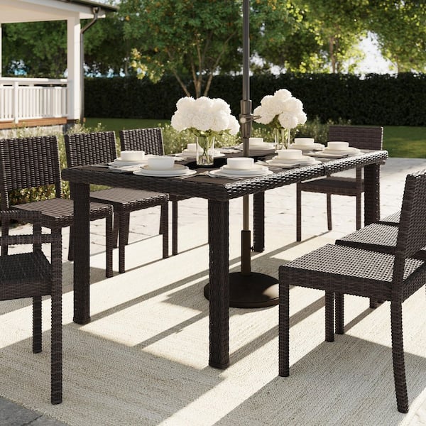 Bedford Brown Rattan Wicker 71 in. Indoor-Outdoor Patio Table with Engineered Wood Top