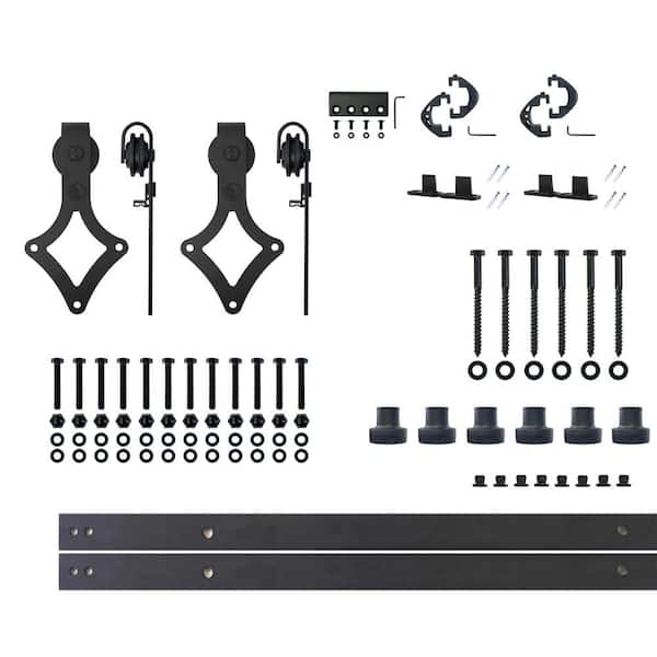 HOMACER 9 ft./108 in. Black Rustic Non-Bypass Sliding Barn Door Hardware Kit Diamond Design Roller for Double Doors
