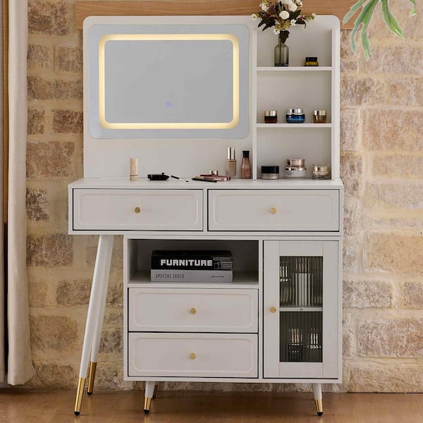 2-Piece White Makeup Vanity Set with Mirror, Light, Drawers, Cabinet and Power Outlet