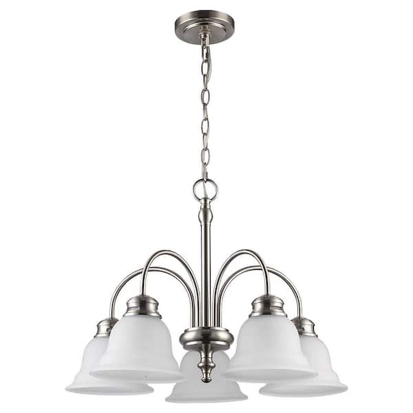 Bel Air Lighting 5 Light Brushed Nickel Down Light Chandelier Light Fixture with Frosted Glass Bell Shaped Shades HPI 10276 BN