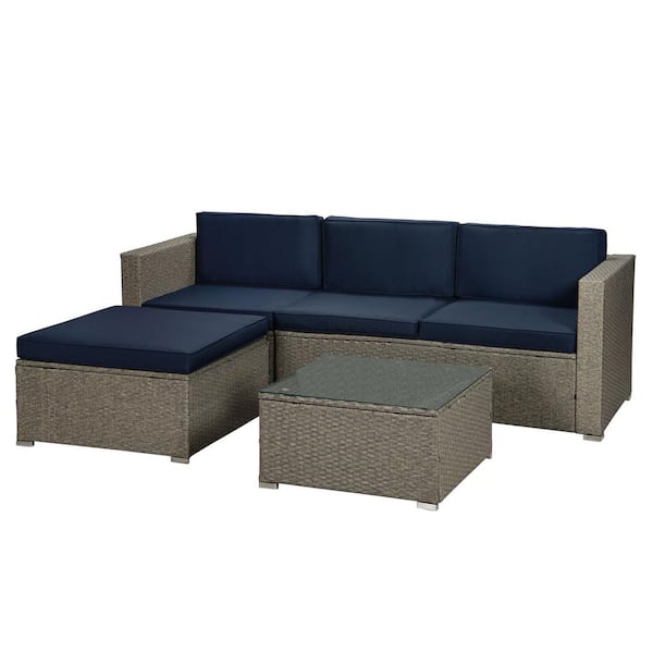 Tidoin Gray 5-Piece Wicker Outdoor Garden Patio Furniture Sectional Sofa Sets with Navy Cushion