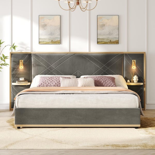 Kryden Glam Gray Velvet Upholstered Wood Frame King Platform Bed with Wingback Headboard, LED Lights and Side Panels