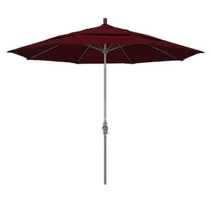 11 ft. Hammertone Grey Aluminum Market Patio Umbrella with Collar Tilt Crank Lift in Burgundy Pacifica