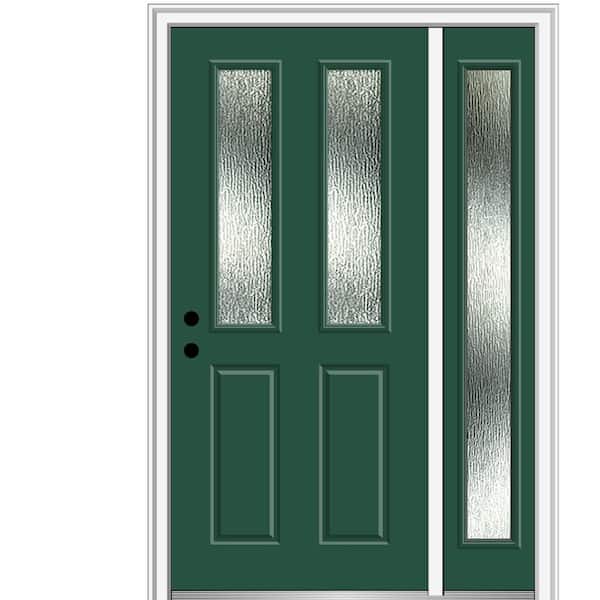 MMI DOOR 50 in. x 80 in. Right-Hand Inswing Rain Glass Hunter Green Fiberglass Prehung Front Door on 4-9/16 in. Frame