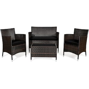 4-Pieces Patio Rattan Conversation Furniture Set Outdoor with Black Cushion