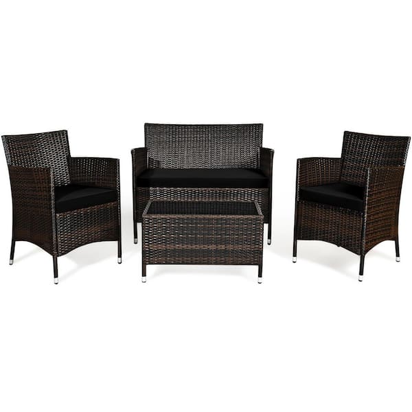 Gymax 4-Pieces Patio Rattan Conversation Furniture Set Outdoor with Black Cushion