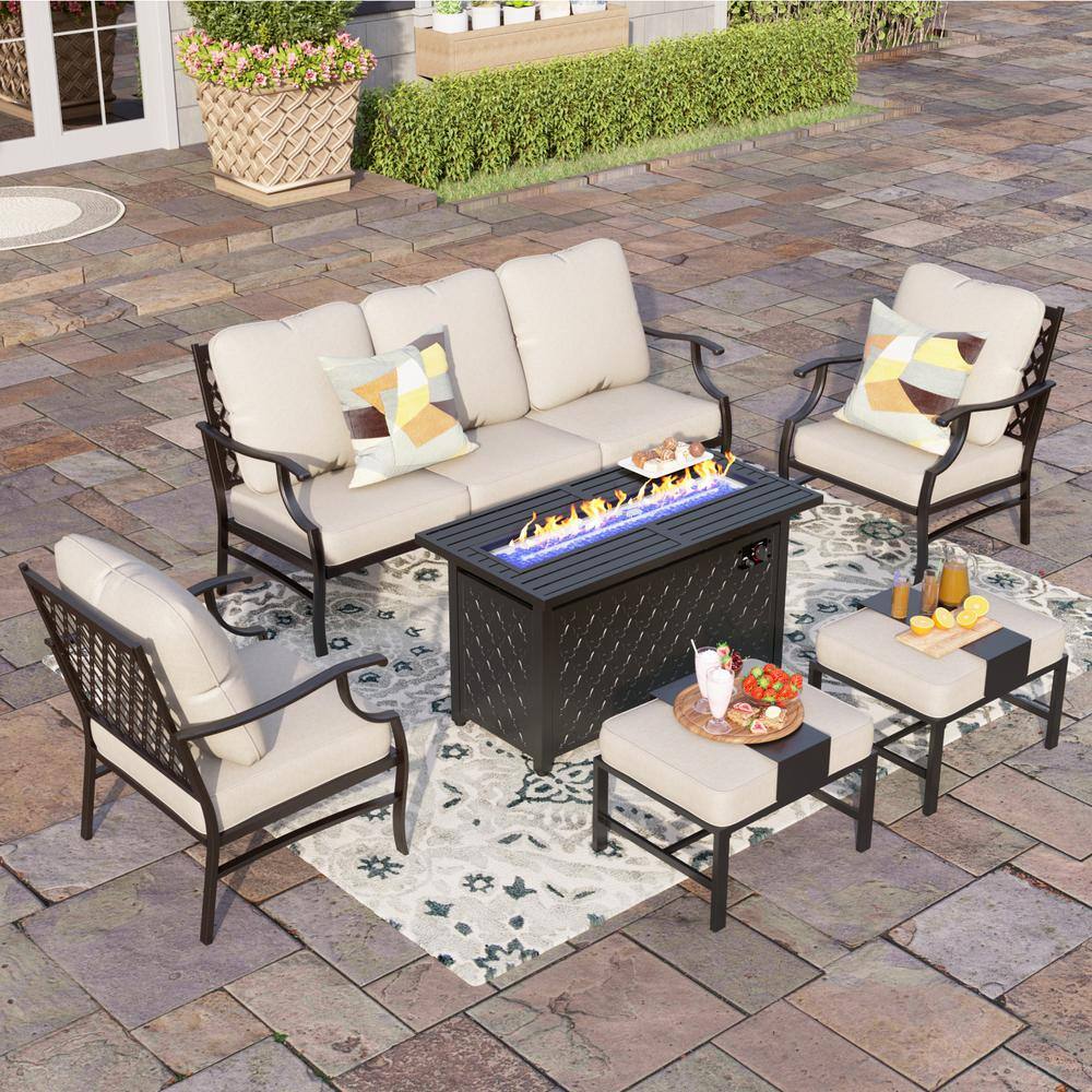 PHI VILLA Black Metal Meshed 7 Seat 6-Piece Steel Outdoor Fire Pit ...