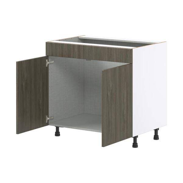 J COLLECTION Medora 36 in. W x 34.5 in. H x 24 in. D Textured Slab Walnut Assembled Sink Base Kitchen Cabinet with a False Front