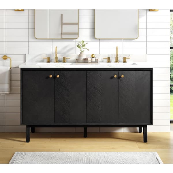 Adele 61 in. Double Sink Black Oak Bath Vanity with Calacatta White Quartz Top