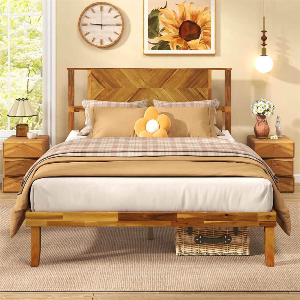 Rustic Golden Brown Wood Frame Full Size Platform Bed with Headboard Under-Bed Space No Box Spring Needed