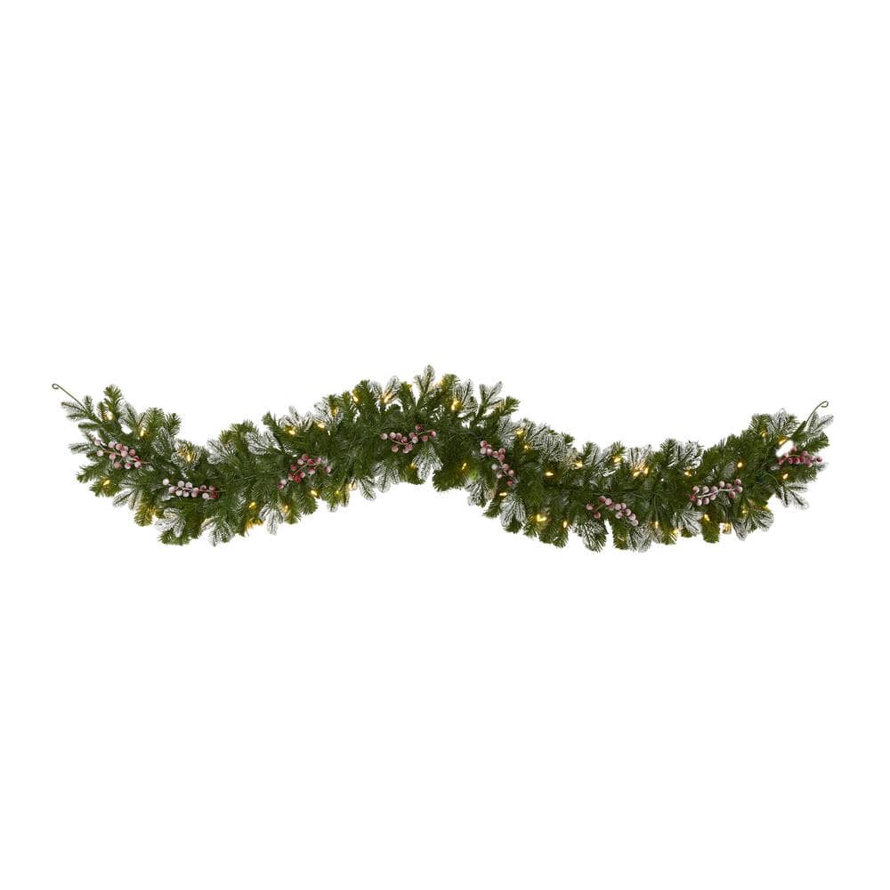 Nearly Natural 6 ft. Pre-Lit Snow Tipped Artificial Christmas Garland with 50 Warm White LED Lights and Berries