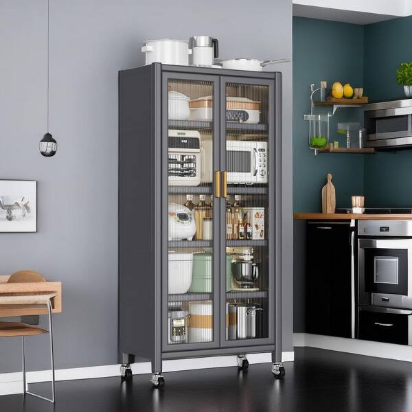 Nivencai 5-Shelf Gray Metal Pantry Organizer with Brakes, Alloy Universal Wheel, 360° rotation