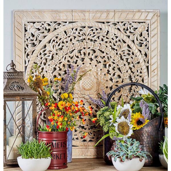 Litton Lane 35 in. x 35 in. Beige Carved Floral Design Square Framed Wooden Wall Art