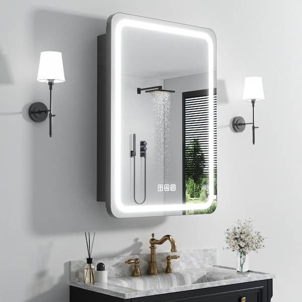 20 in. W x 28 in. H Rectangular 3-Color Dynamic Flow Lighting Surface/Recessed Medicine Cabinet with Mirror, Left Hinge