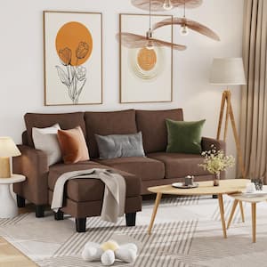 70 in. Classic L-Shaped Sectional Sofa Reversible Linen Sectional Sofa in Brown with Chaise