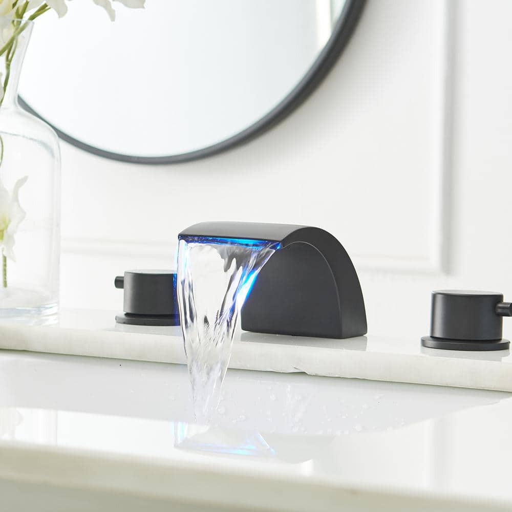 Matte Black Widespread Bathroom Faucet with LED Light and Pop Up Drain