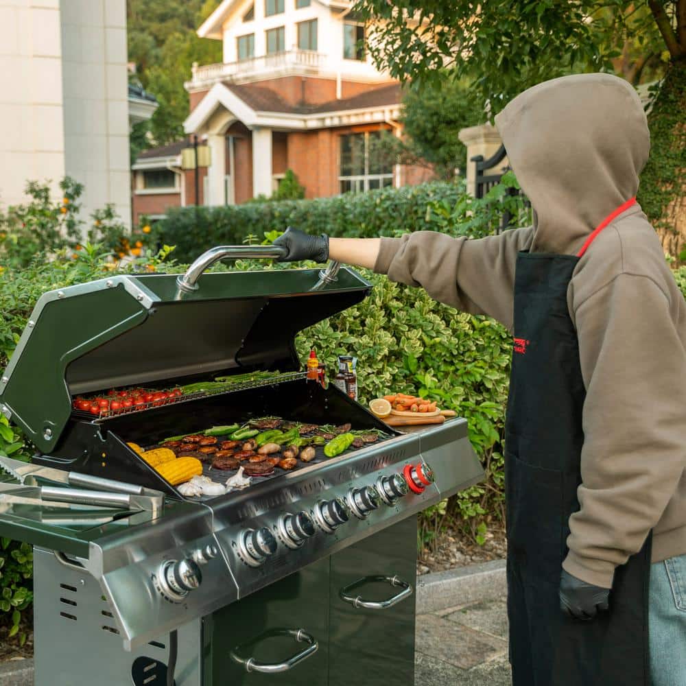 Olive Green Stainless Steel 6-Burner Propane Gas Grill with Side Burner