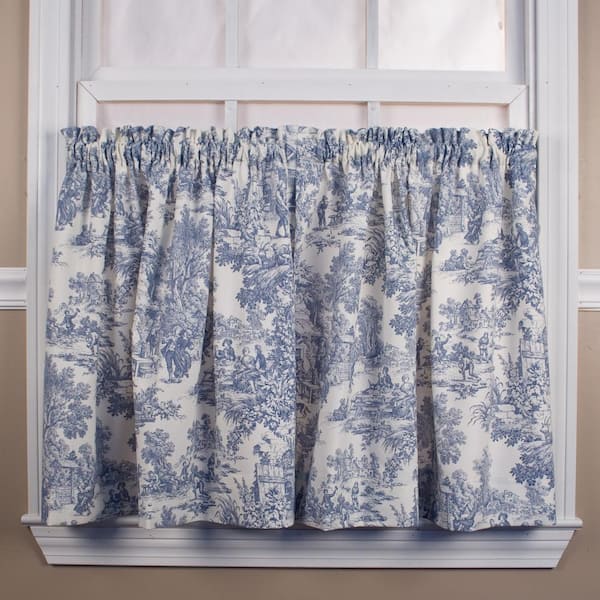 Ellis Curtain Blue Toile Rod Pocket Room Darkening Curtain - 34 in. W x 24 in. L (Set of 2)