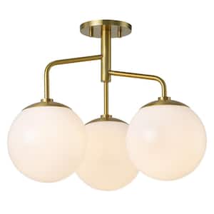 Logan 18.11 in. 3-Light Gold Semi Flush Mount Ceiling Light with Frosted Glass Globe Shades