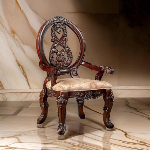 Benjara Brown and Beige Fabric Side Chair with Faux Wood Carved Details on the Chair Backs (Set of 2)
